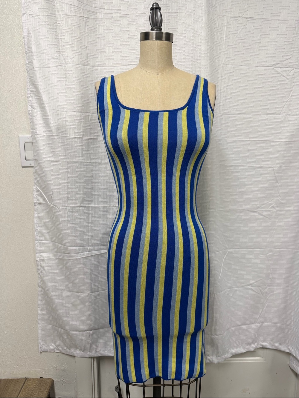 Striped Blue and Yellow Knit Midi Dress